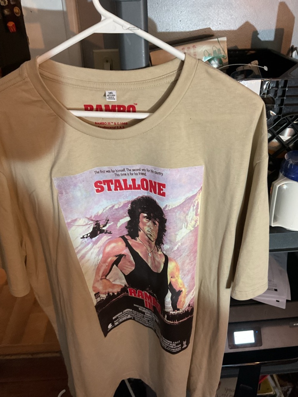 Stallone Rambo III Graphic Tee - Beige Crewneck Short Sleeve 3XL